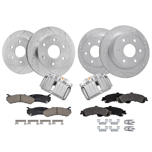 Detroit Axle - Front & Rear Drilled Rotors Brake Pads + Rear Brake Calipers Replacement for Silverado Sierra 1500 Yukon XL 1500