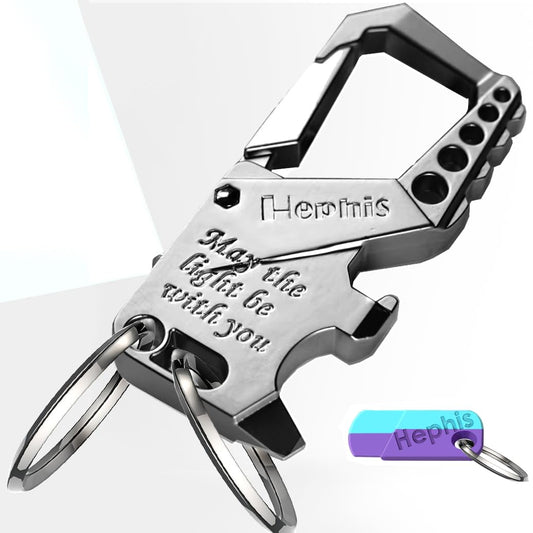 Hephis Skull Heavy Duty Key Chains with Lights,Bottle Opener,Screwdriver,Carabiner Car Key Chains for Men and Women(Silver)