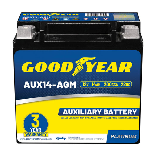 Goodyear AUX14-AGM BCI Group Size 400 12V 14 AH, 22RC, 200 CCA Platinum series Rechargeable AGM Maintenance Free Auxiliary Batte