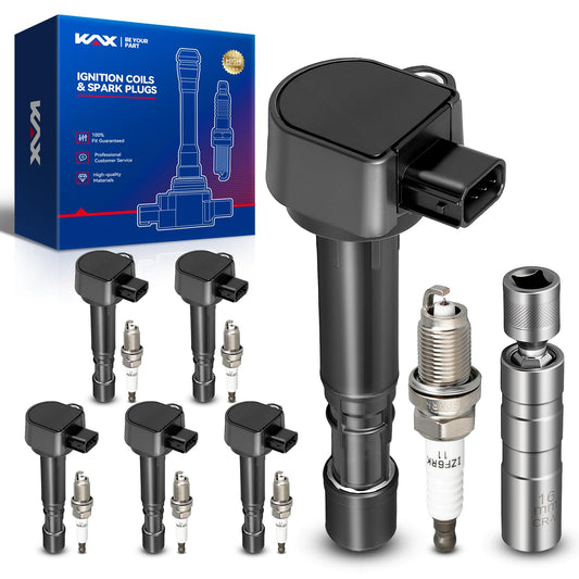 KAX Set of 6 Coil Pack & Iridium Spark Plugs w/Magnetic Socket for Honda Pilot 2006-2008, MDX 2003-2006, Ridgeline 2006-2008, Sa