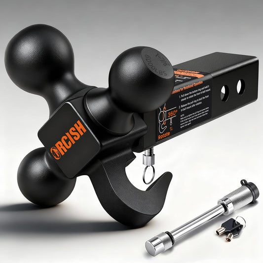 ORCISH 360 Swivel Trailer Hitch, Tri-Ball Mount with Heavy Duty Hook & Anti-Theft Lock, Matte Black Plated Trailer Ball Size 1-7