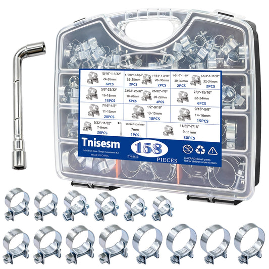 Tnisesm 158Pcs Mini Fuel Injection Hose Clamps Adjustable 7-34mm 14 Sizes Fuel Line Clamps Assortment Kit,Hoses Clamps Sleeving,